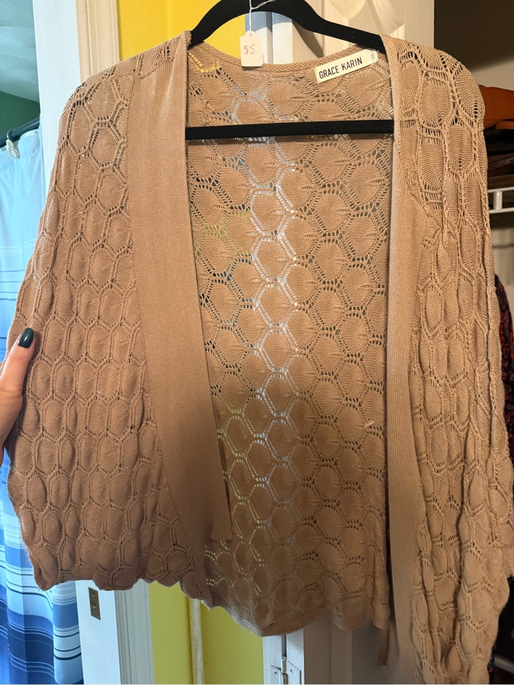 Grace Karin Openwork Crochet Cardigan in Taupe Beige